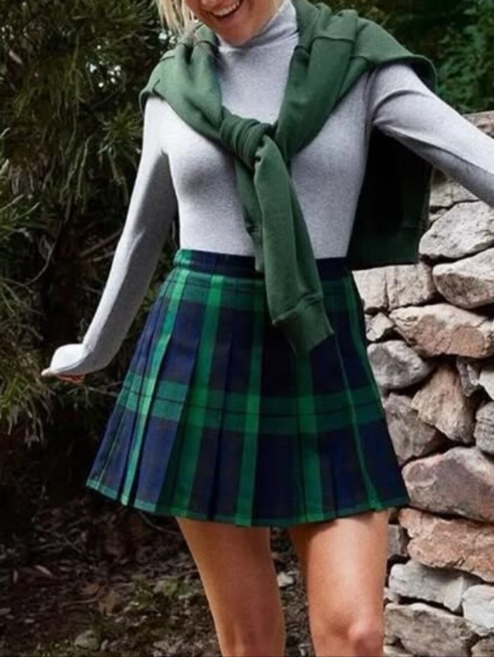 aerie Green & Navy Plaid Pleated Mini Skirt